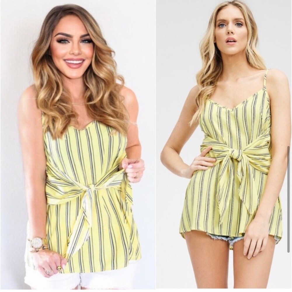 Yellow spring summer striped tie front top - Picture 4 of 4